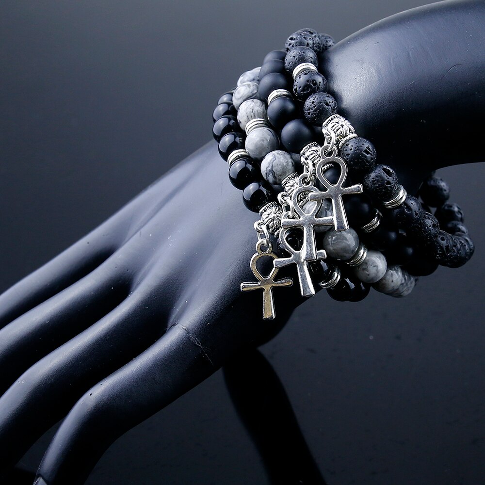 Ägyptischen Ankh Kreuz Natürliche Onyx Stein Armband Frau, Schmuck Frauen Männer Ägypten Hieroglyphen, Crux Ansata Amulett
