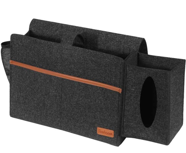 Felt Hanging Storage Bag with Tissue Box and Water Bottle Holder, Bedroom Sofa Organizer Bag for Books Pad Phone Chargers: Black