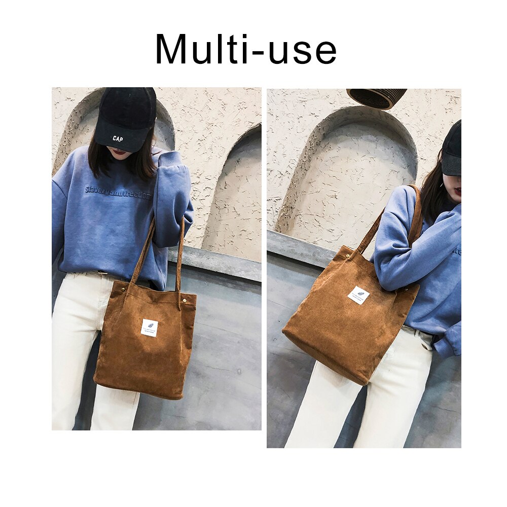 Herald femmes velours côtelé sac à provisions solide toile femme sac à bandoulière environnement stockage sac à main réutilisable fourre-tout sacs