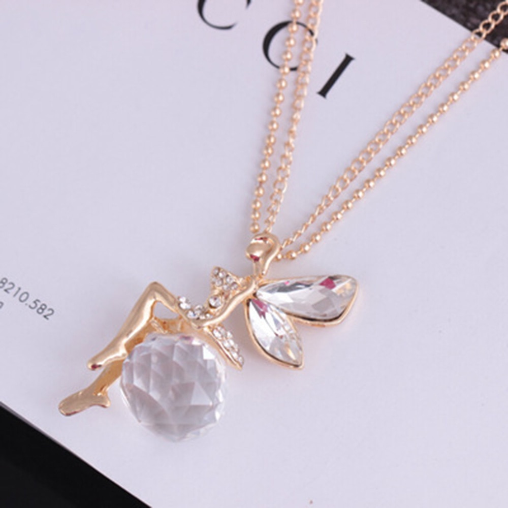 Women Crystal Fairy Angel Wing Pendant Long Chain Sweater Necklace