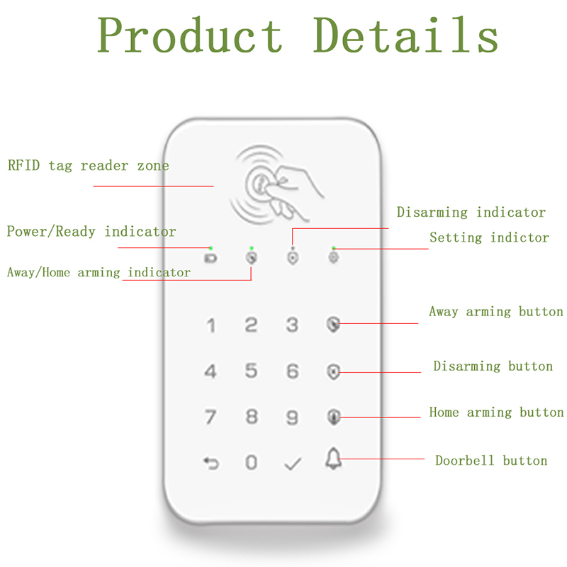 Bloqueo de teclado táctil inalámbrico, frecuencia de 433Mhz, codificación Ev1527 para desarmar brazos, sistema de seguridad, código de acceso, concentrador de alarma conectado RFID