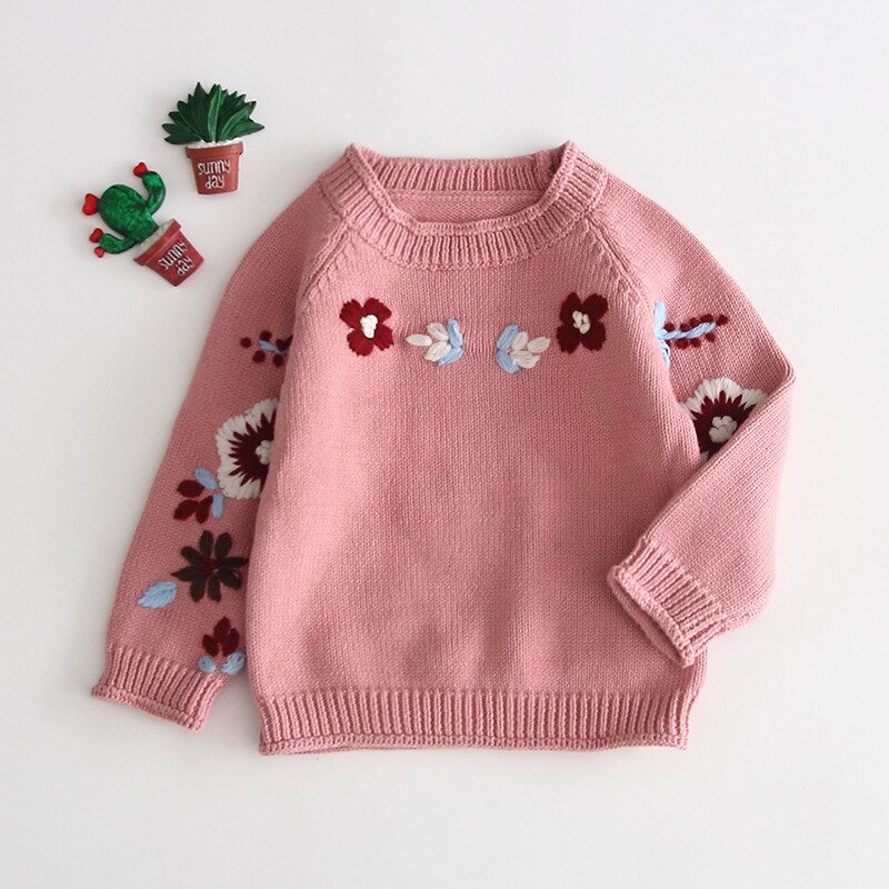 Baby meisjes geborduurde bloemen breien sweaterround kraag trui baby mooie bloemen jas kids: Roze / 6m
