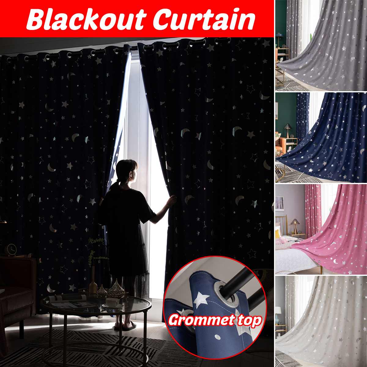Shiny Silver Star Moon Blackout Curtains for Kids Child Bedroom Korean Style Window Voile Tulle Curtains for Living Room 1pc