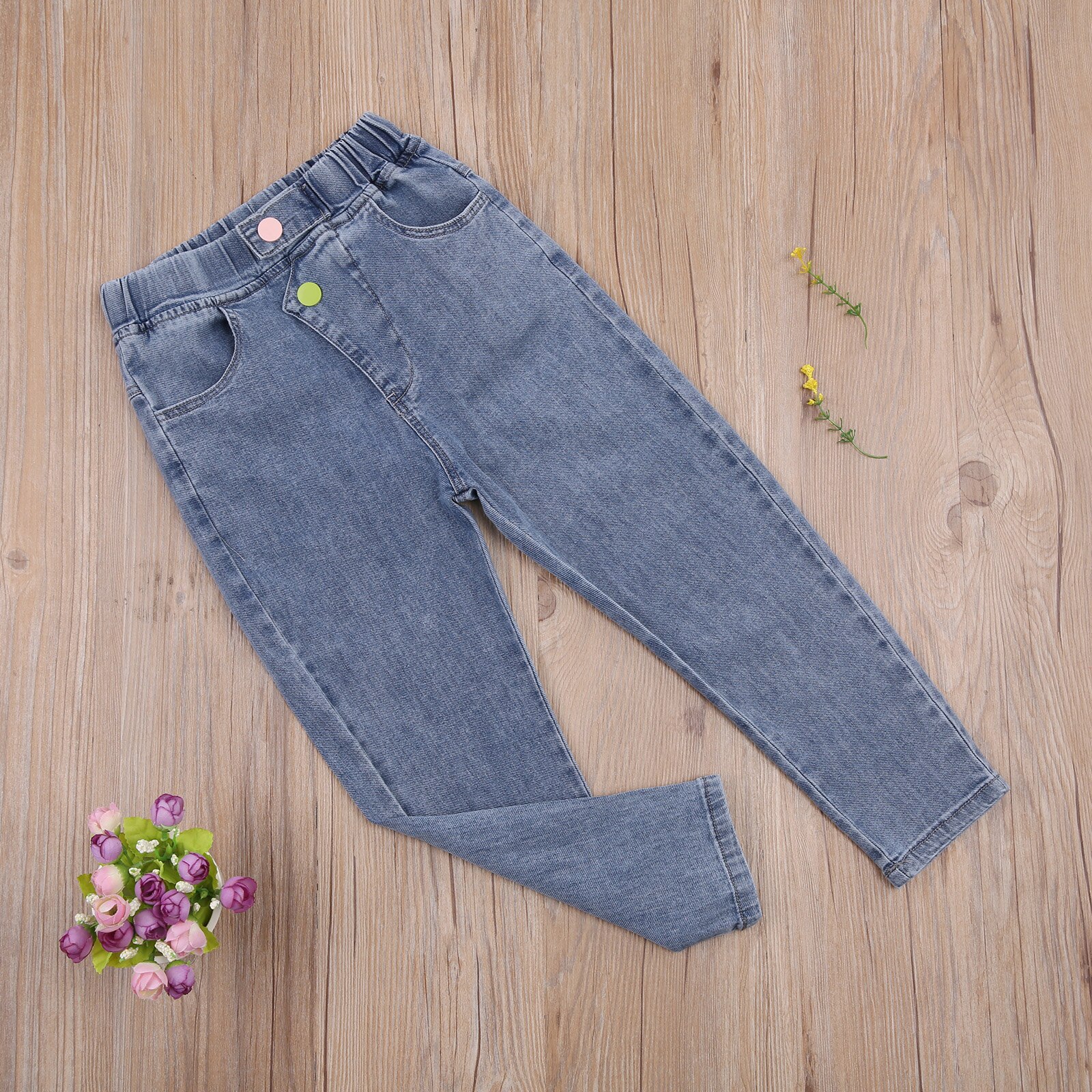 Collectie Baby Meisje Elastische Denim Broek Kleurrijke Knop Decoratie Lange Broek Casual Losse Pocket Kleding