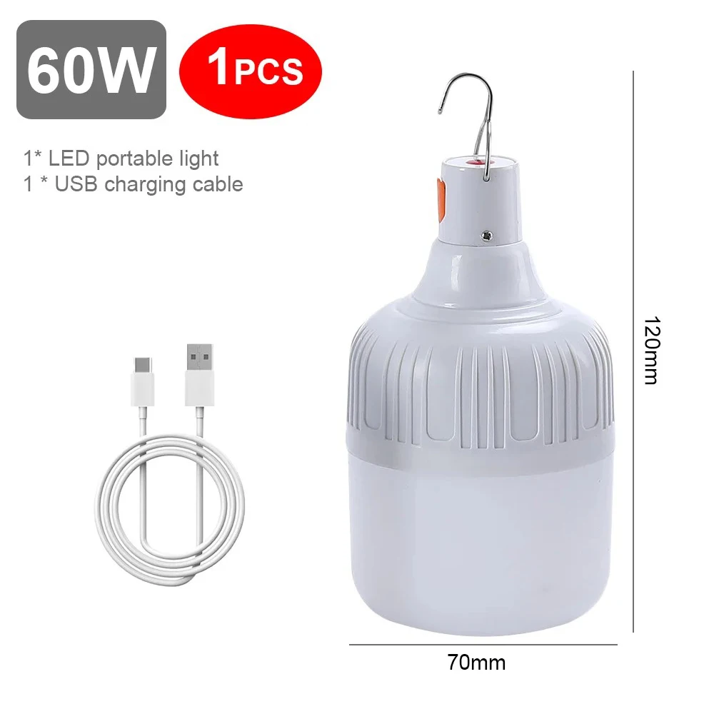 60w x 80w campinglampor usb-uppladdningsbara led-nödlampor för utomhusbruk, bärbara lyktor med krok för grilltält, batterilampa: 2.5 w