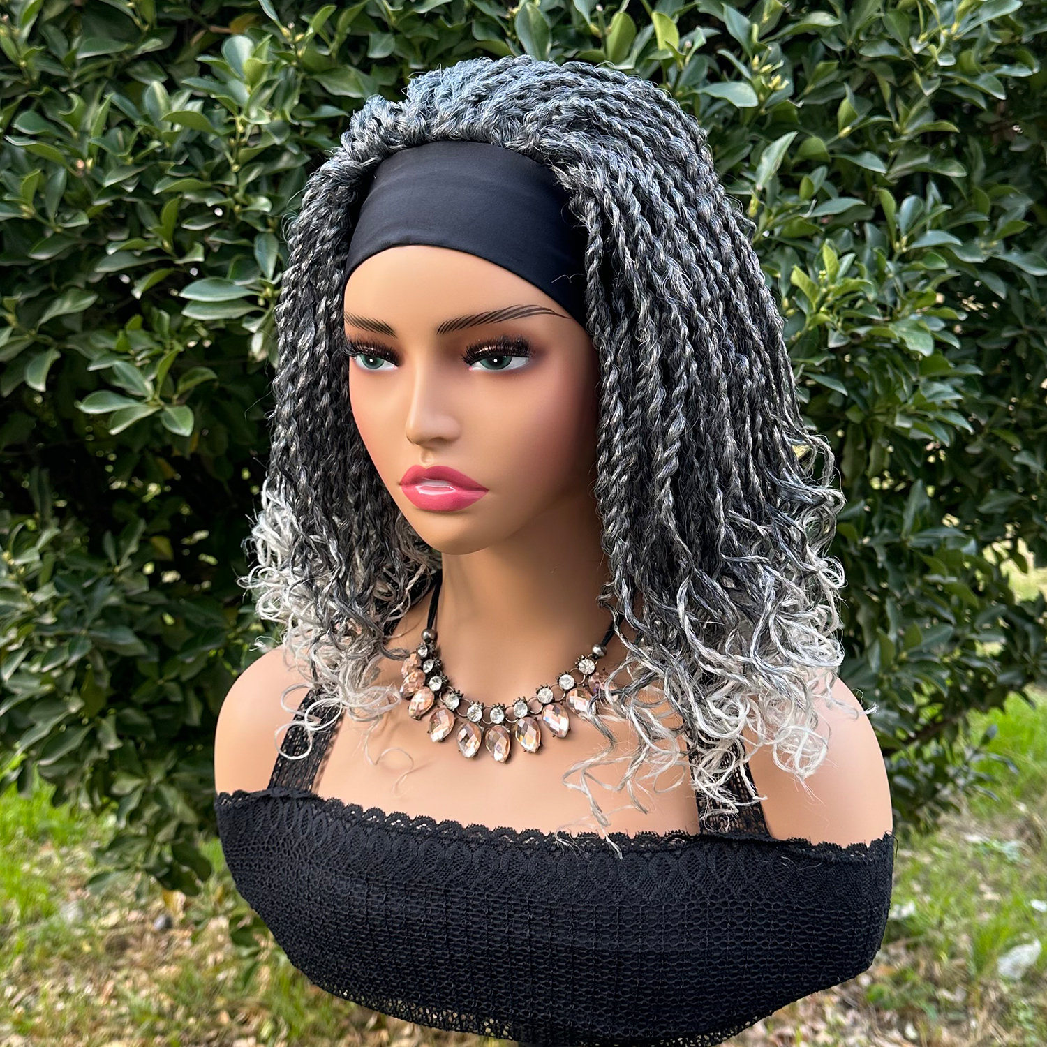 Short Braided Headband Wigs For Black Women Box Braided Headband Bob Wig African Synthetic Braiding Hair Headband Bob Wig: T1B/Light Grey