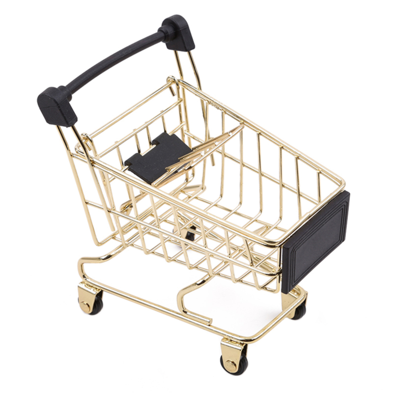 Storage Basket Simulation Mini Shopping Cart Supermarket Trolley Debris Storage Boxs Mini Supermarket Handcart Toy: Golden