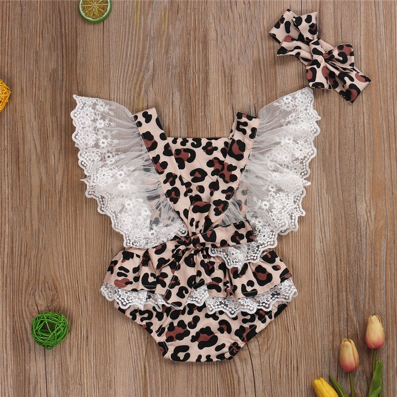 Baby Meisje Luipaard Jumpsuit Zomer Baby Kleding Kant Vliegende Mouw Luipaard Romper + Haarband Outfits