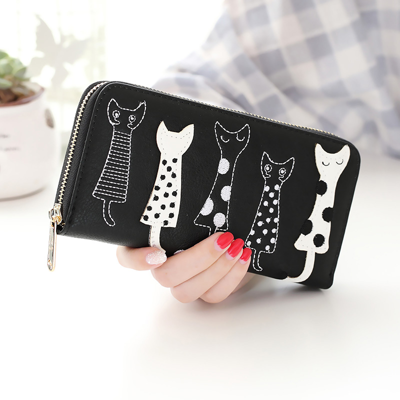 nouvelle femmes portefeuilles femme porte-cartes mignon dessin animé chats en cuir portefeuille porte-monnaie filles pochette portefeuille long à fermeture à glissière: black