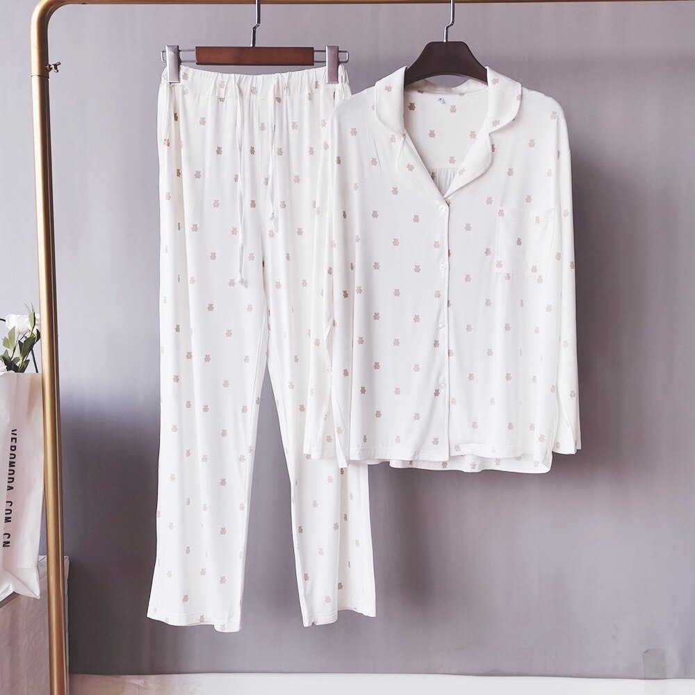 Pyjamaset Dames - Lange Mouw & Broek - Katoen met Berenprint - Omvouwbare Kraag: Wit