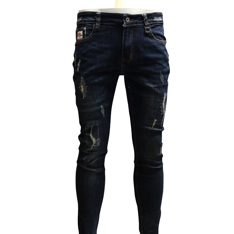 Skinny Ripped Blue Jeans Men Cotton Streetwear Slim Fit Straight Stretch Denim Pants