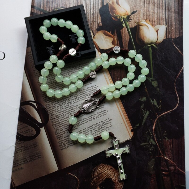 10mm Rosary Beads Luminous Necklace Jesus Crucifix Cross Pendant Necklaces Glow in Dark Religious Jewelry for Men Women