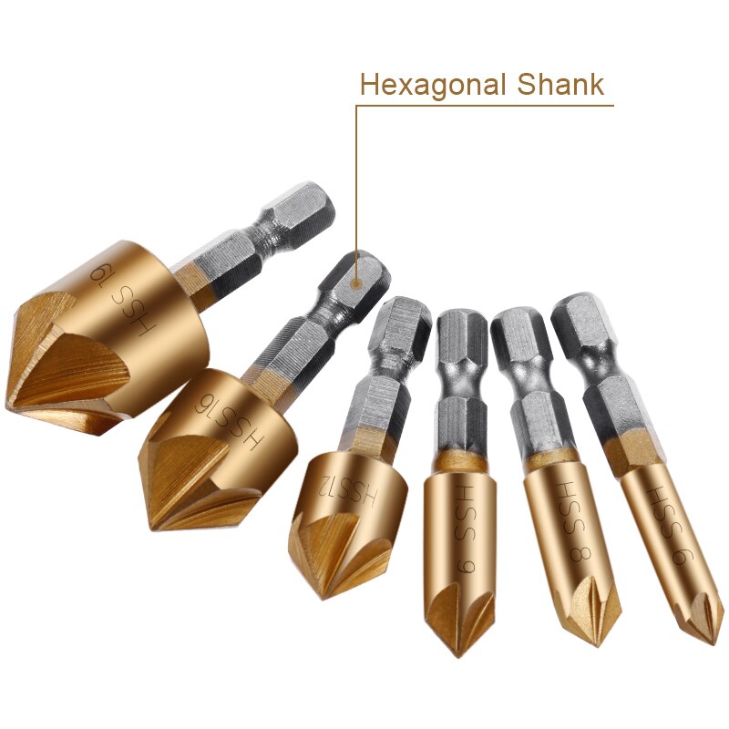 6 stücke Senker Bohrer einstellen 1/4&#39;&#39; verhexen Schaft HSS 5 Flöte Senker 90 Grad Holz Anfasen Cutter Fase 6mm-19mm