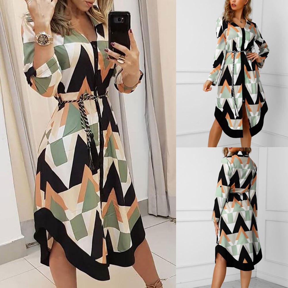 Robe chemise mi-longue à manches longues et col en v pour femme, ample, imprimée ondulée, pour les , printemps et été