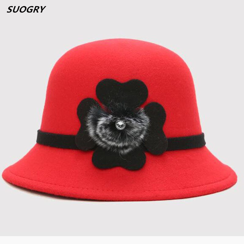 SUOGRY Vintage Stylish Fall Winter Fedoras Hat For Women Hairball Hat For Lady Girls Floppy Cartola Female Felt Bowler Cap