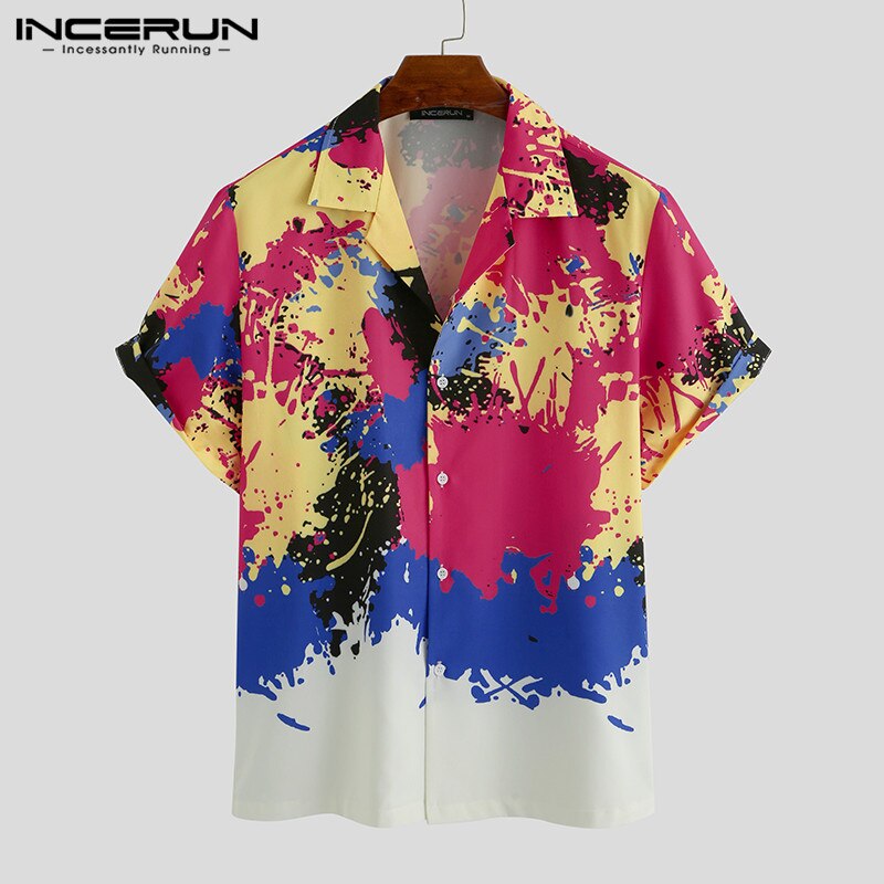 Incerun mænd hawaiisk skjorte slips farvestof print kortærmet revers åndbar bluse sommer strand afslappet camisa streetwear: Xxl