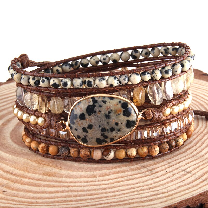 RH Boho Jewelry Armbander DalmatianJasper Natural Stones Charm 5X Woven Wrap Bracelets