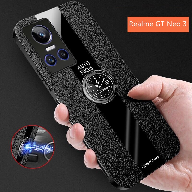Funda Voor Realme Gt Neo 3 Case Car Holder Telefoon Cover Voor Realme Gt Neo 3 Case Luxe Lederen Zachte siliconen Shockproof Bumper