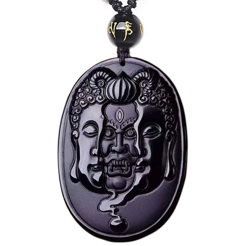 Buddha and Devil Carving Obsidian Necklace Pendant Men's Pendant With Chain Black Jade Jewelry