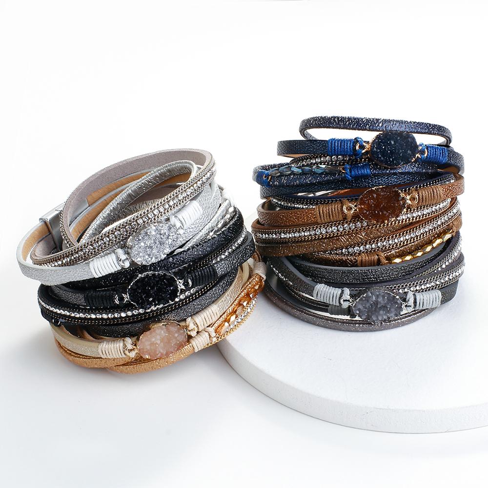 Allyes Lange Hars Lederen Armbanden Voor Vrouwen Boho Rhinestone Charm Magnetische Gesp Gevlochten Wrap Armband Sieraden