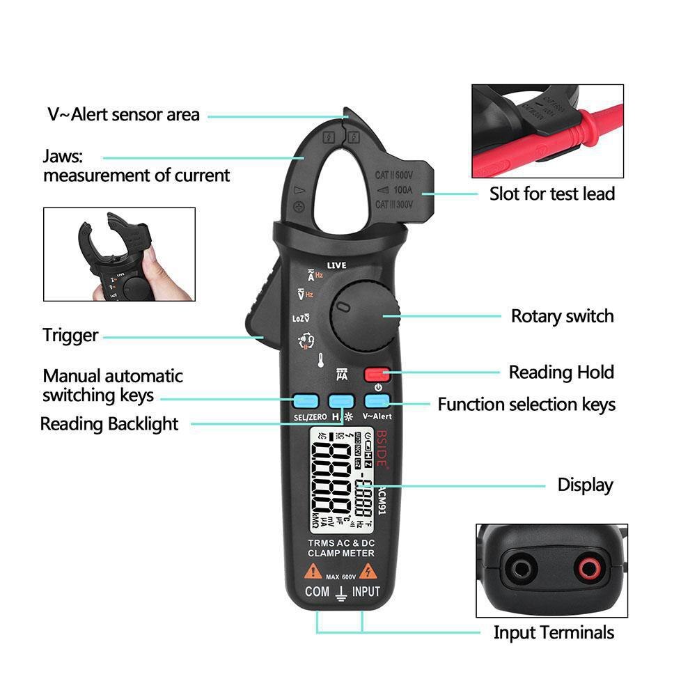 Bside ACM91 Mini Digitale Stroomtang Dc/Ac Stroom 100A Nauwkeurige 1mA Multimeter Beroep Auto Reparatie Ampèremeter Voltmeter Tester