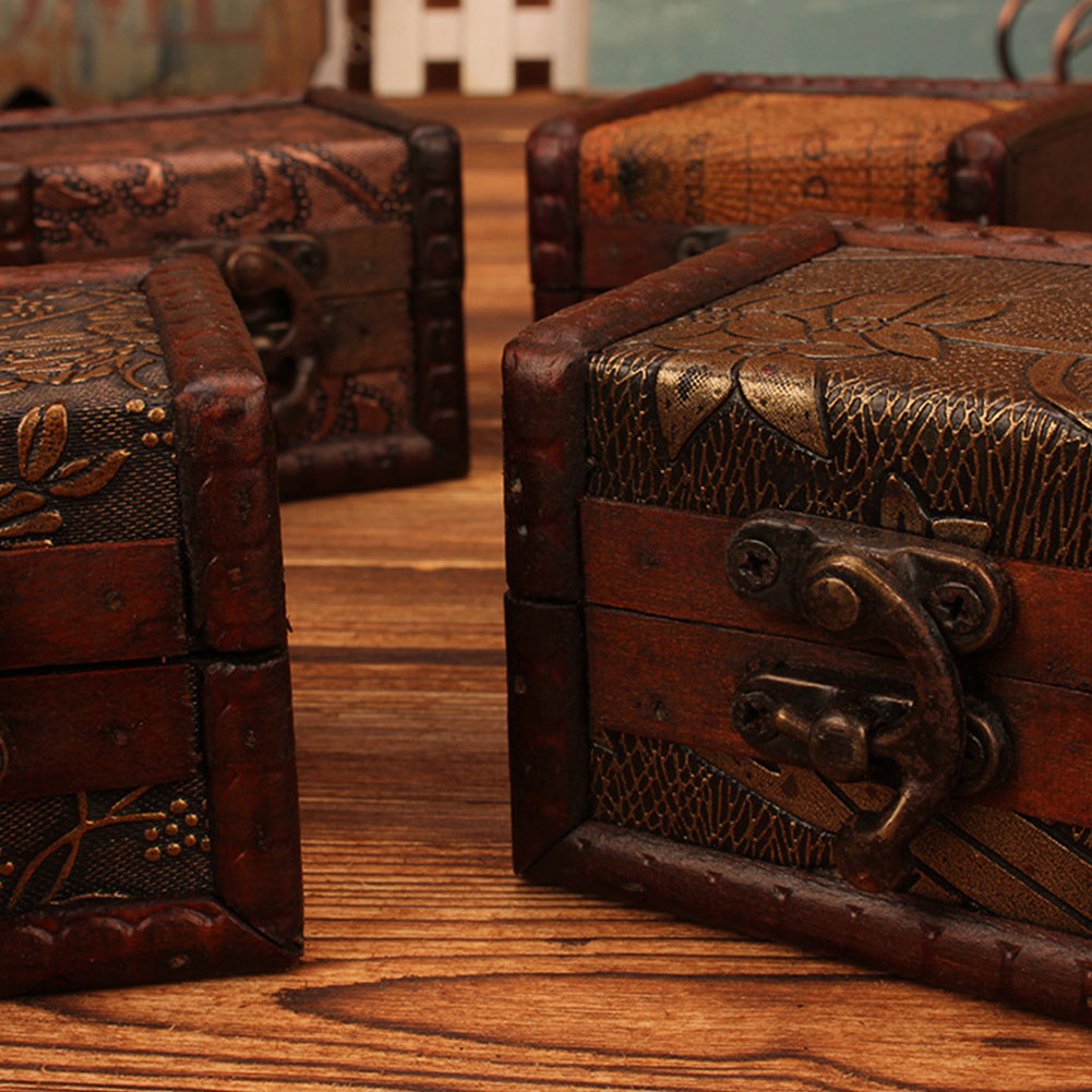 Vintage Small Wood Flower Coin Pattern Box Jewelry Bracelet Storage Holder Makeup Organizer Box Jewelry Treasure Chest Case