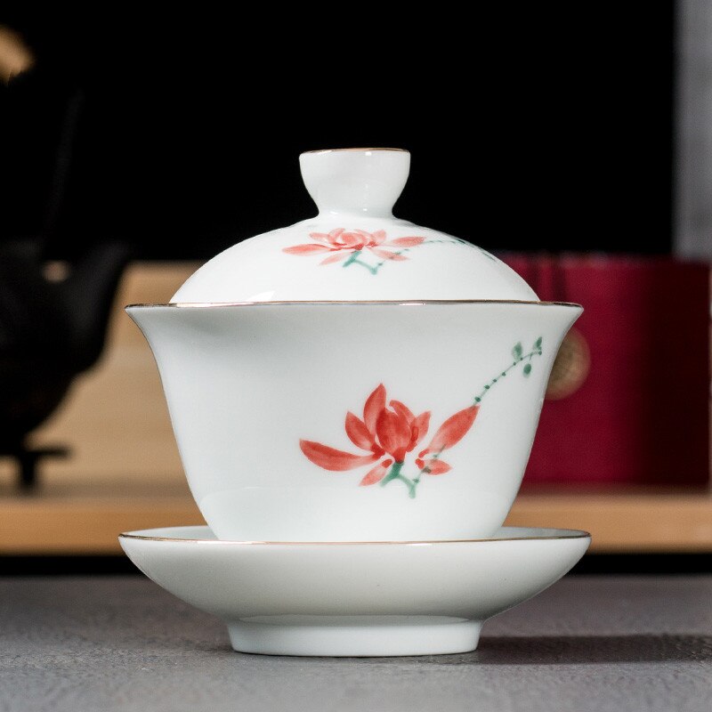 Chinese Style Ceramic Hand Painted Gaiwan Handmade Tea Bowl Set Tea Tureen Teacup Household Teaware Accessories Drinkware: C
