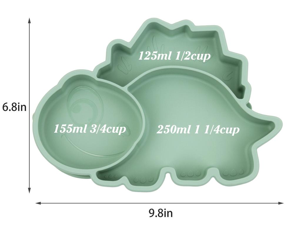Platos de silicona de grado alimenticio platos de dinosaurio platos de cena para niños para autoalimentación de niños pequeños: green