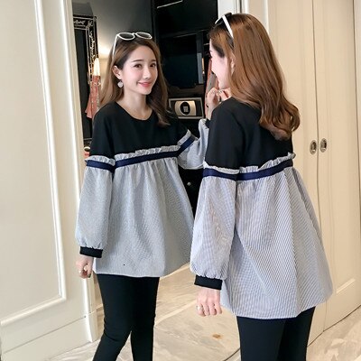 Graviditetsbluser patchwork stribet løst tøj til gravide tøj efterår graviditet skjorter toppe t-shirt: Sort / Xxl