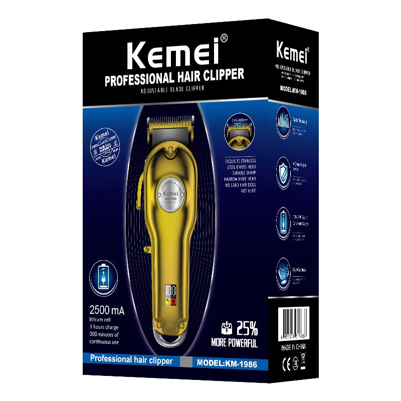 Kemei 1986 All-metal Barber Hair Clipper Electric Cordless LCD Hair Trimmer Gold Silver Hair Cutting Machine Mower