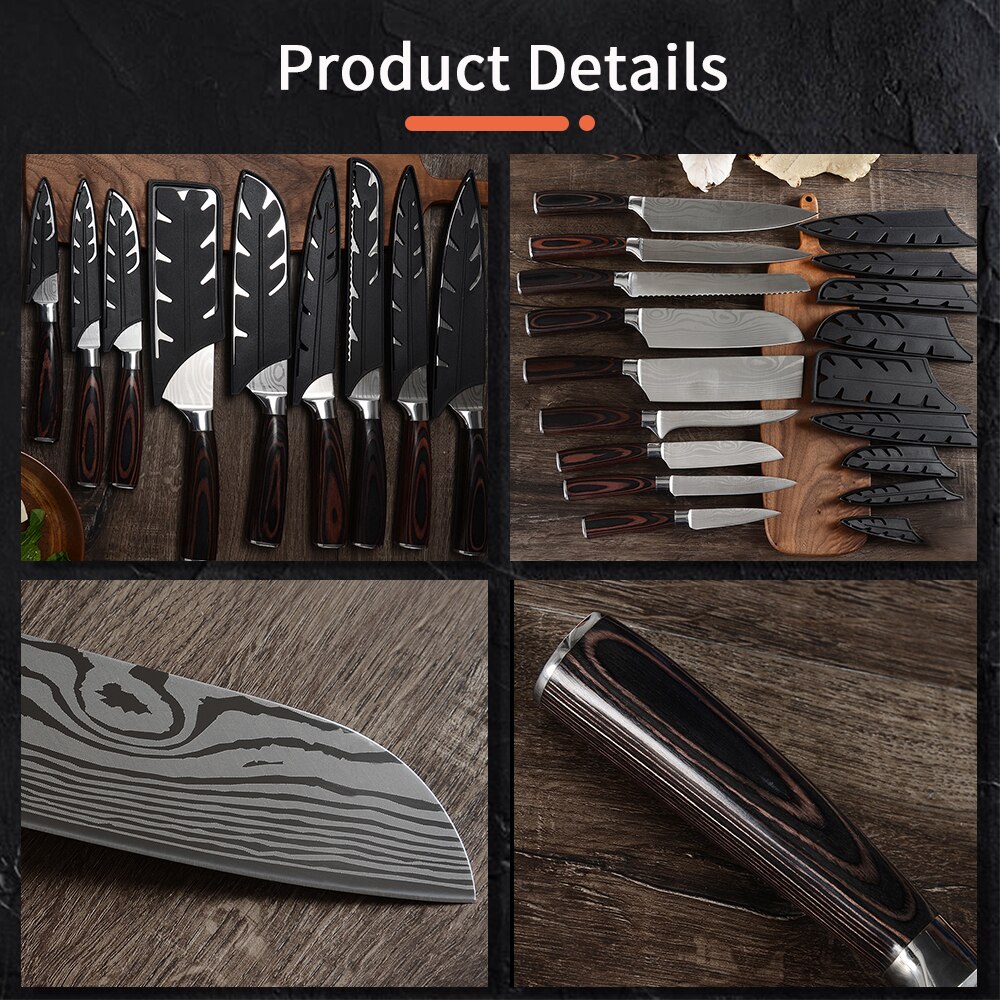 XYj Damascus Pattern Veins Blade Chef Knives Set Stainless Steel Wood Handle Bread Slicing Santoku Utility Knife Cover Sheath