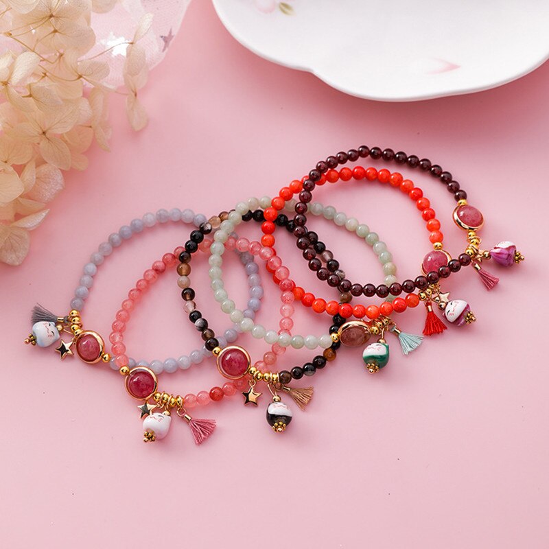 Doreen-pulsera de cuerda de gato de cerámica Kawaii para mujer, brazalete sencillo tejido a mano, cuentas de borla, joyería de de estilo japonés