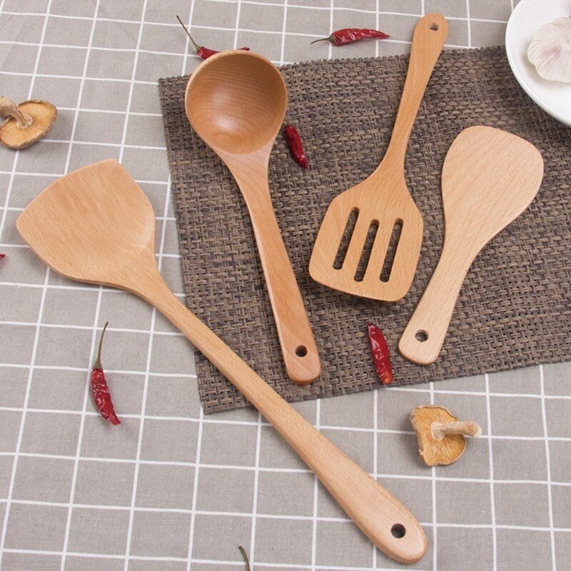 Utensilios de cocina de madera, juego de utensilios de cocina, cuchara de madera Natural, espátula, arroz, sopa, duraderos, sin costuras, antiadherente