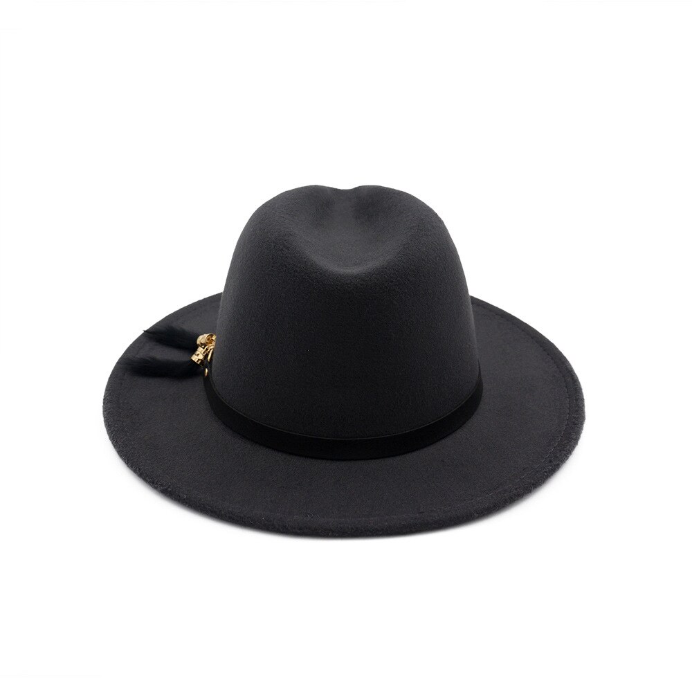 HanXi Winter Women Hat Wool Fedoras Felt Hat Lady Classical Flat Brim Cap PU Leather Band Metal Buckle