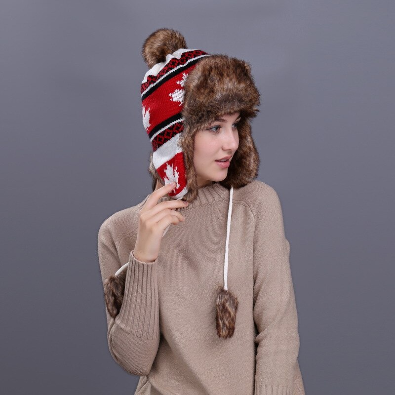 Lady Winter Warm Bomber Hoeden Meisjes Oor Bescherming Leifeng Cap Blad Beschermende Cap Vrouwen Outdoor Herfst Gebreide Wol Cap D-8543