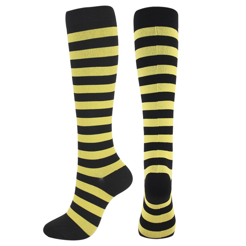 Medias de compresión hasta la rodilla para hombre y mujer, calcetín Unisex de compresión a rayas, antifatiga, alivio del dolor, soporte para pantorrilla: Yellow / L  XL