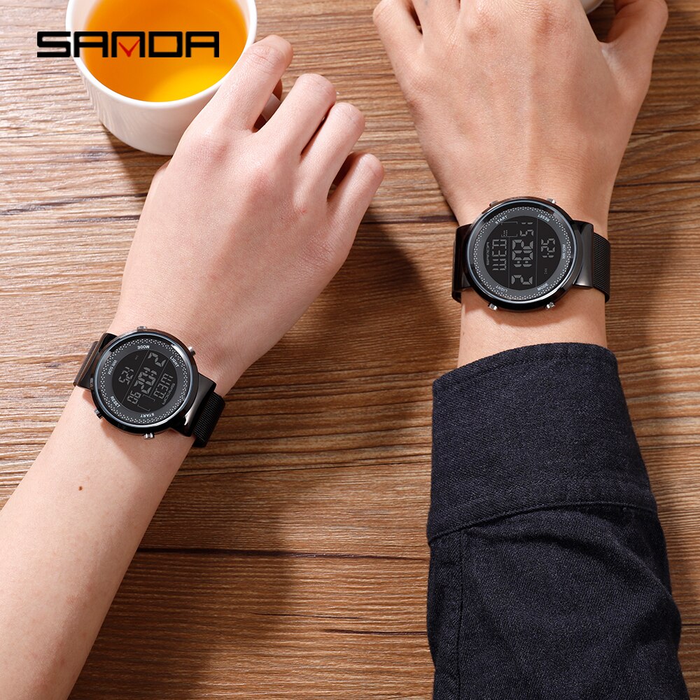 Sanda koppelhorloge led digitaal dames herenhorloge roestvrij staal mesh riem waterdichte liefhebbers horloges relogio masculino