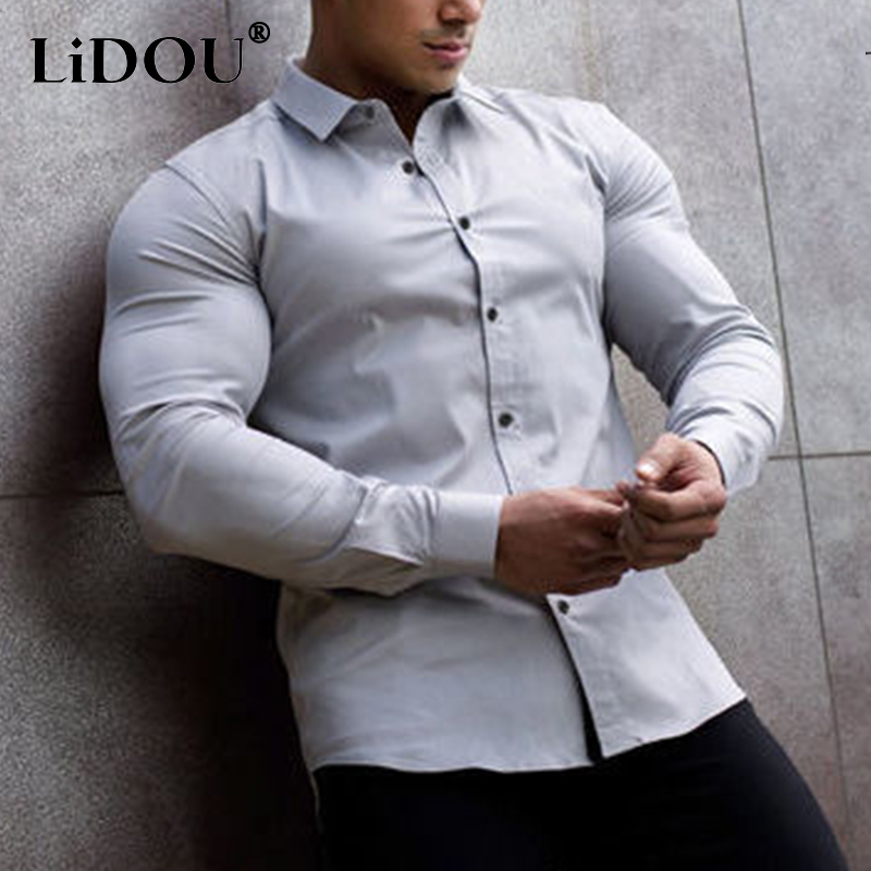 Spring Autumn Super Slim Fit Plain Bussiness Long Sleeve Men's Shirts Anti-wrinkle Muscle Polo Neck Solid Business Blouses Homme: XXL / GRAY