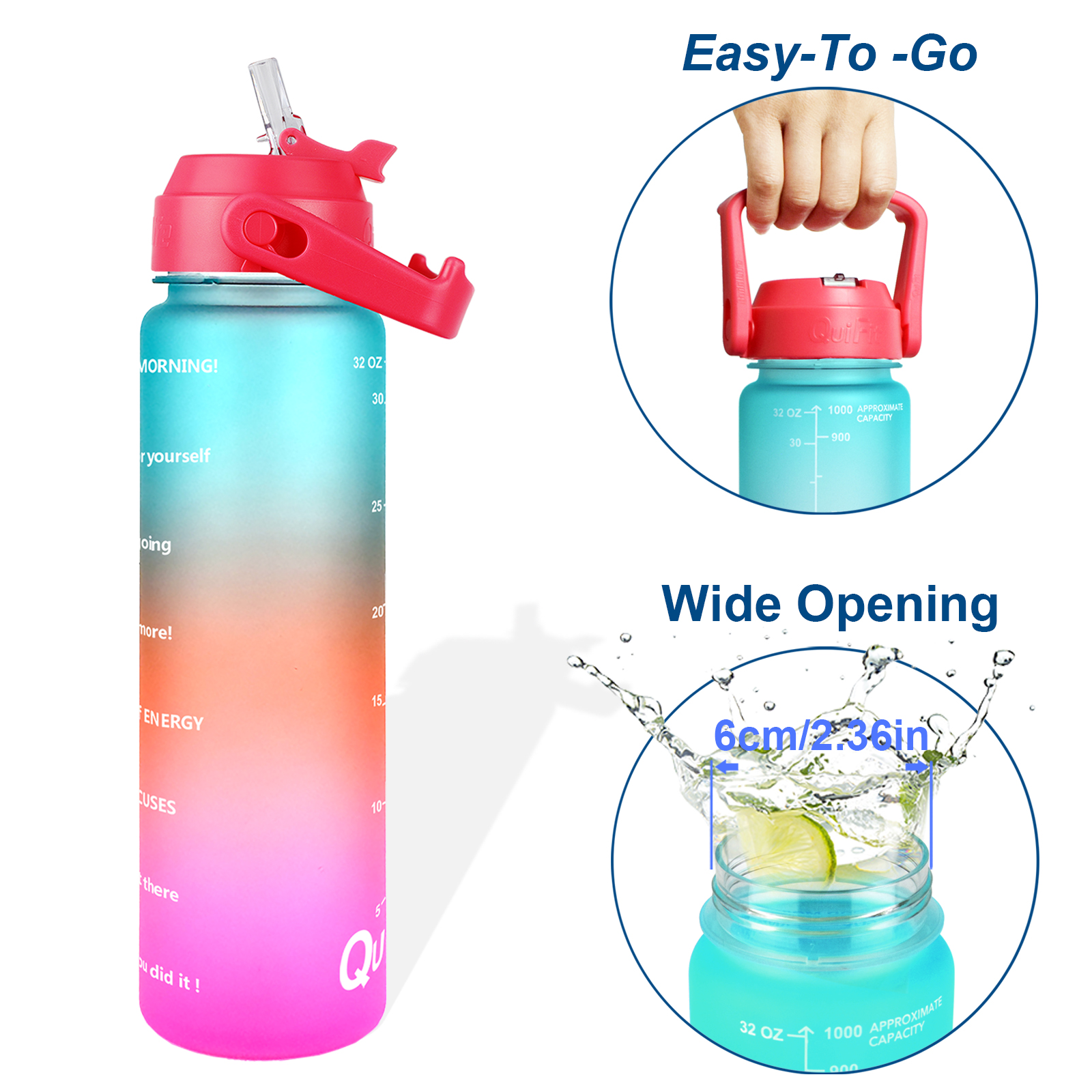 Quifit 1L 32oz Water Bottle With Straw Tritan BPA Free Sports Outdoor Camping Cup 32OZ Drinking Wide Mouth Leakproof