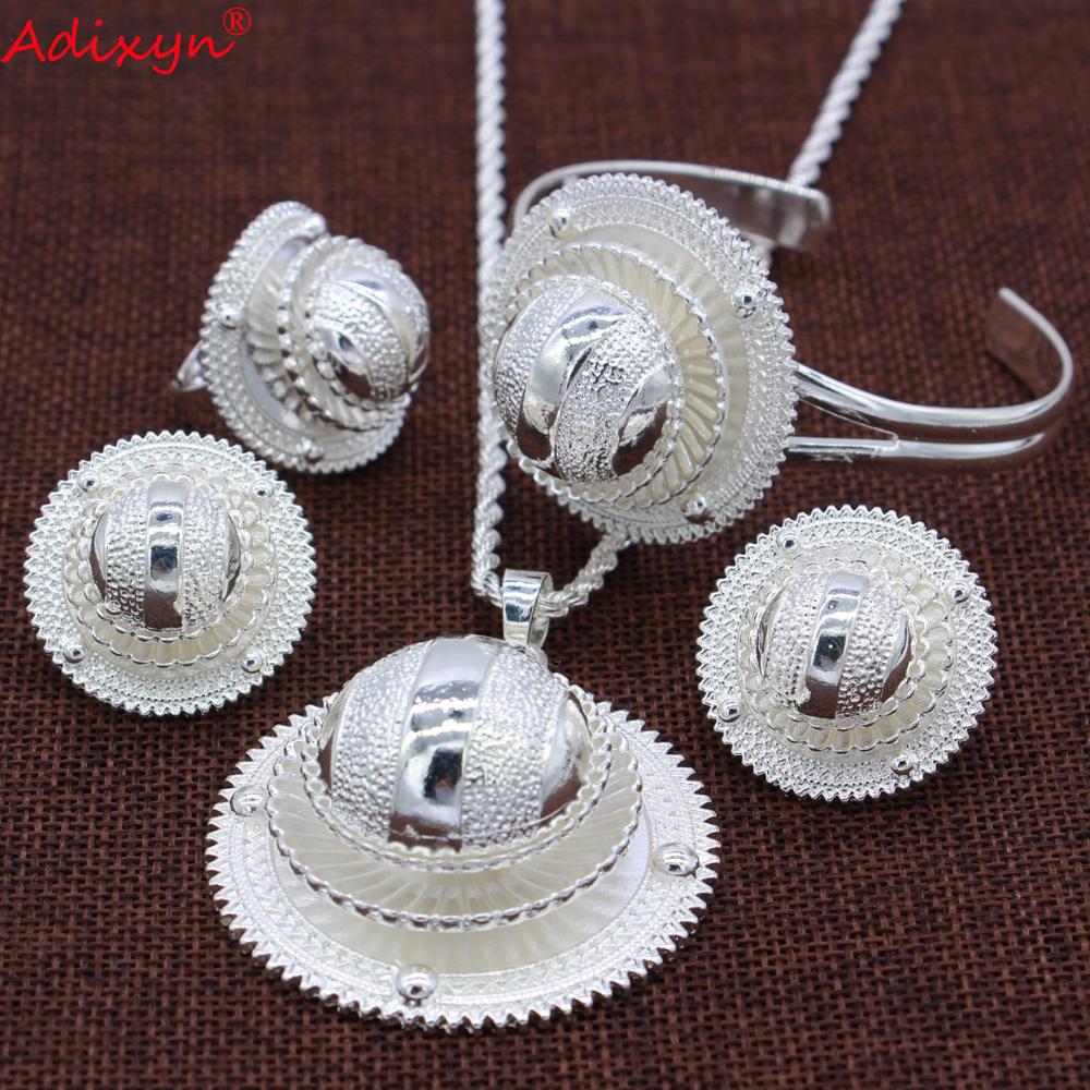 Adixyn Silver Ethiopian Necklace/Pendant/Earrings/Ring/Bangle Jewelry sets Silver Color Habesha African Wedding N06155