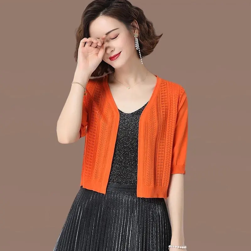 Dames Ijs Zijde Gebreid Vest Zomer Effen Kleur Holle V-Hals Losse Middelste Mouw Korte Sjaal Ropa De Mujer Ofertas: L / Oranje