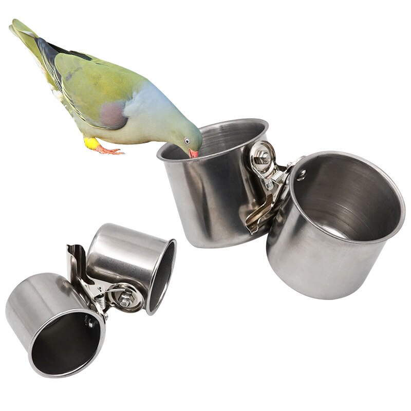 Stainless Steel Bird Feeder Parrot Cup Container With Holder Food Bowl For Macaw African Greys Budgies Parakeet Cockatiel