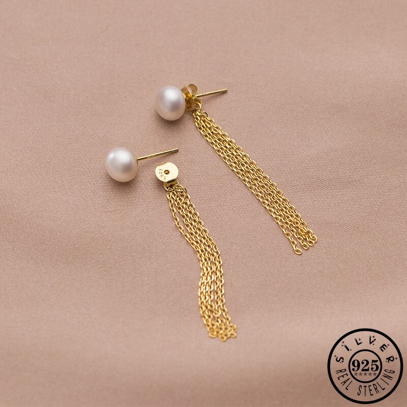 925 Sterling Silver 7mm Round White Natural Freshwater Pearl Earings Gold Color Plated Tassel Party Earrings Jackets for Women