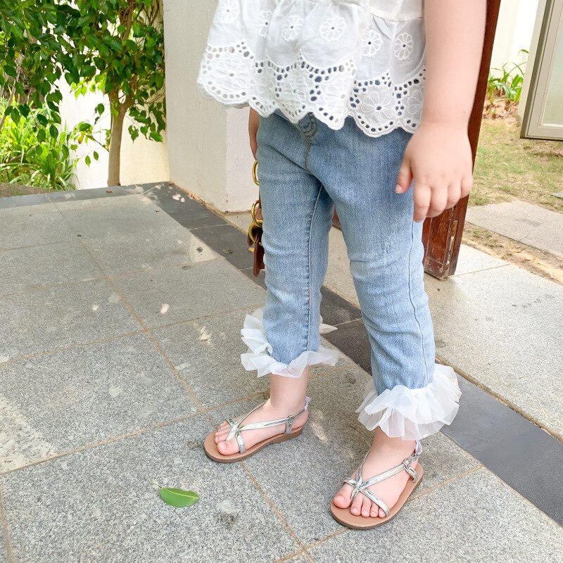 Flickor sommar jeansbyxor barn jeans barn byxor för småbarn bebis tjej prinsessa mesh jeans torusers kläder 1-5 år