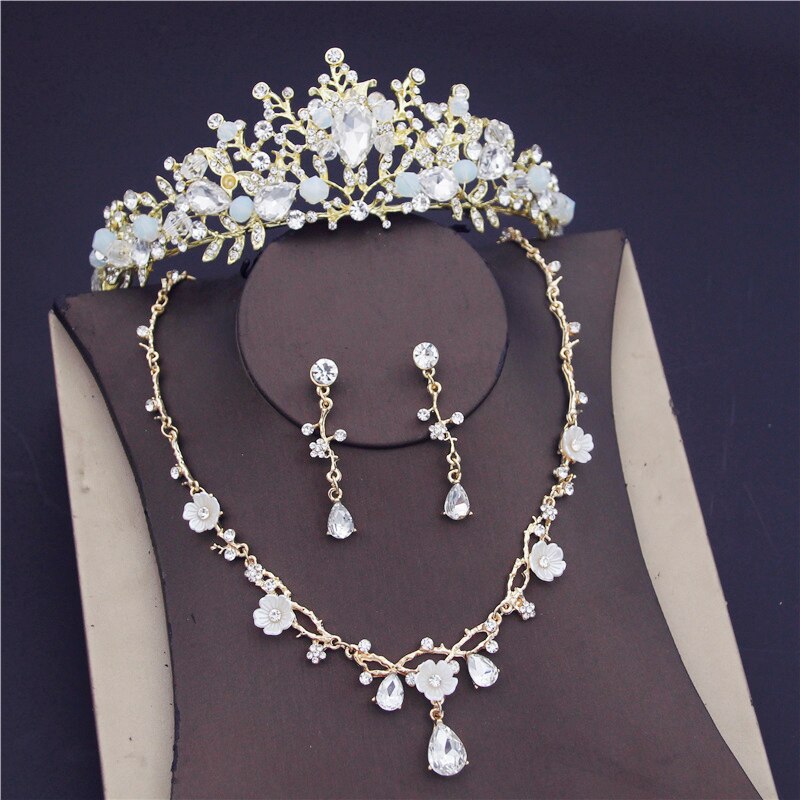 Barok Bloem Kristal Bruids Sieraden Sets Voor Vrouwen Luxe Strass Tiara Kroon Ketting Oorbellen Bruiloft Sieraden Set: Gold Sets