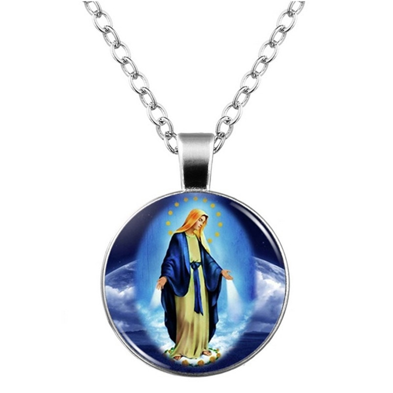 Jomfru mary glass cabochon anheng halskjede øredobber armbånd armbånd sett totalt 4 stk smykkesett til kvinner og #39 ;s