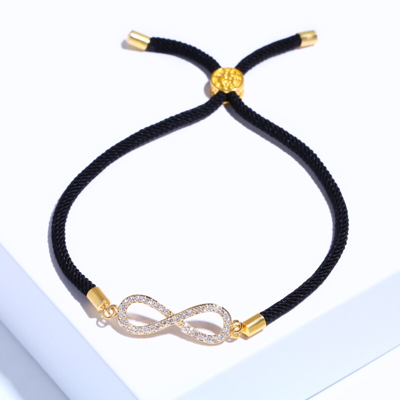 Flola Lucky Infinity Charm Armband Met Zirkoon Zwarte String Verstelbare Armband & Dangle Voor Vrouwen Armbanden Pulseras Brta66: Gold(Black rope)