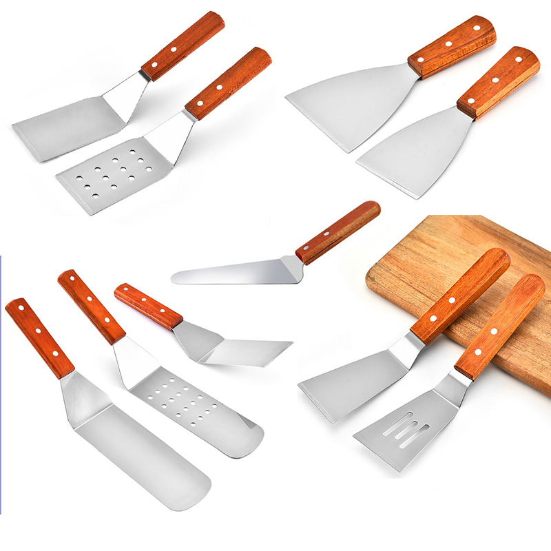 Kitchen Spatula Wooden Handle Grill Turner Stainless Steel Metal Scrape For Pancake Teppanyaki Hibachi Griddle Cooking Utensil