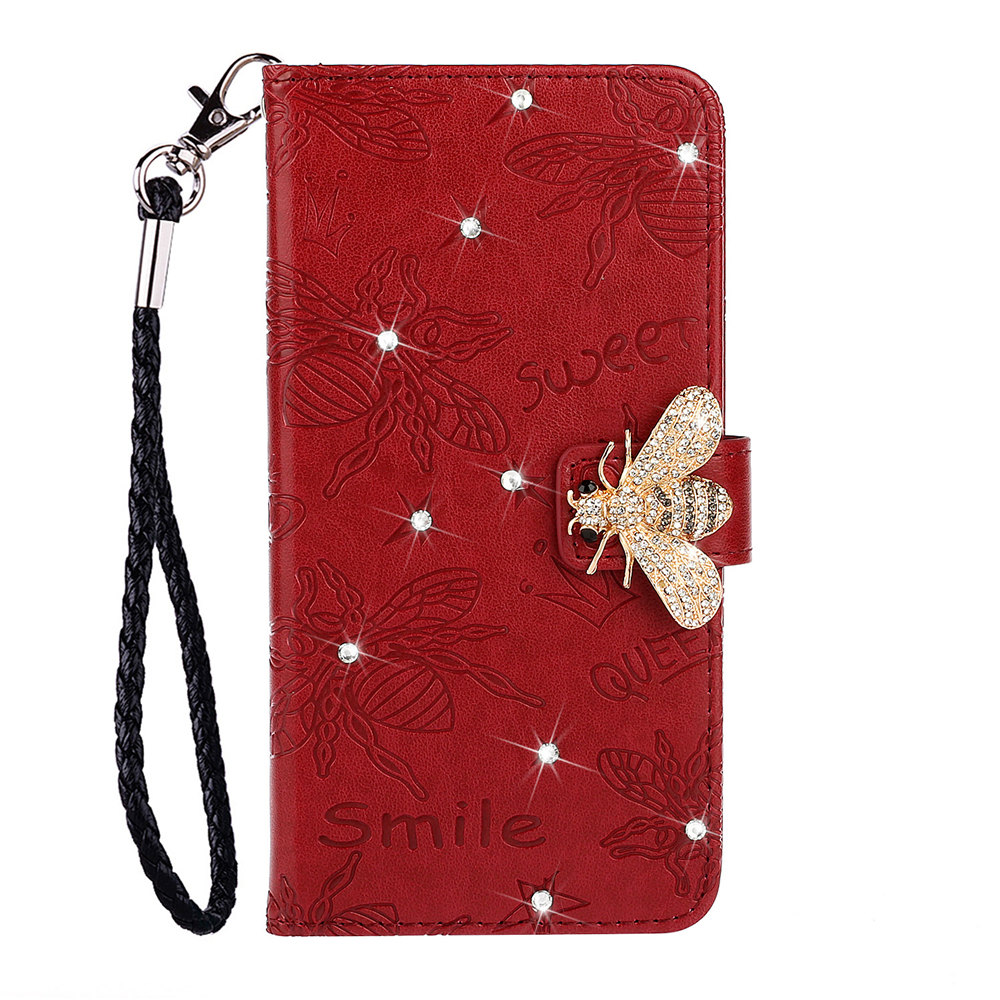 Bee Rhinestone Diamond Book Case Cover for Xiaomi Redmi 7 7A Note 7 8 Pro Luxury Flip Glitter Shell With Hand Rope