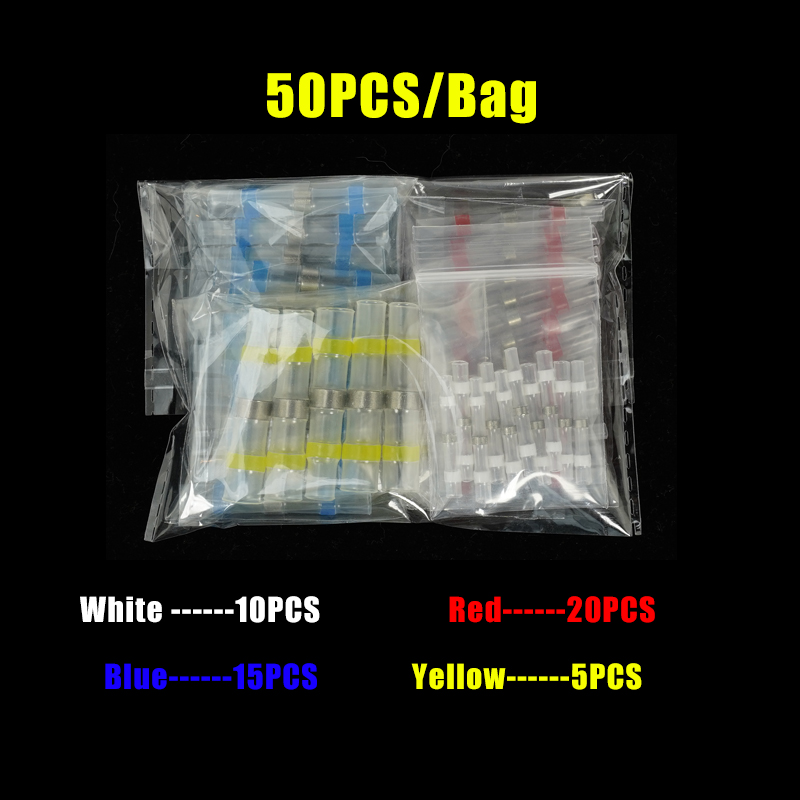 50 Uds. Terminales de conectores de cable de tubo termorretráctil con sello de soldadura impermeable con manguitos de soldadura